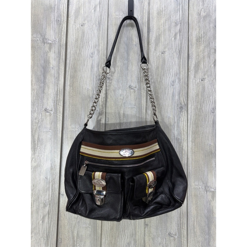 Christine Price Black Pebbled Hobo Bag Striped Silver‎ Chain Shoulder Handbag